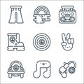 Hippies line icons. linear set. quality vector line set such as gun, musical notes, beetle, victory, vinyl, boot, boombox, rainbow