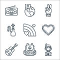 hippies line icons. linear set. quality vector line set such as hippie, backpack, guitar, love, rainbow, hookah, peace, global