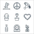 Hippies line icons. linear set. quality vector line set such as hippie, music, beer, love, flower pot, cactus, dove, peace