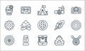 hippies line icons. linear set. quality vector line set such as peace, concert, vinyl, backpack, lava lamp, flower, feather,