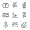 hippies line icons. linear set. quality vector line set such as rainbow, radio cassette, microphone, protest, camping tent, camera