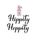 Hippity hoppity. Funny Easter quote calligraphy lettering with cute bunny gnome. Vector template for typography poster