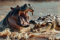 Hippo attacks crocodile in the river. Predators fight. AI Generated