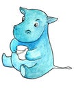 Hippo Baby isolated illustration, cartoon character holding bucket for playing in the sandbox. Empty sandbox can be filled