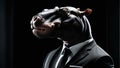 Hippo in black business suit with isolated black background. Highly detailed and realistic concept design illustration