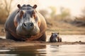Hippo with calf by the river, South Africa, one of five members of the so-called Big Five group of African wildlife