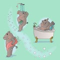 Hippo cartoon taking a shower, in the bathtub and trying off design Royalty Free Stock Photo