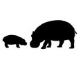 Hippo and cub hippo mammal black silhouette animal