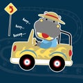 Hippo driving car, vector cartoon illustration