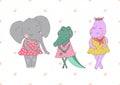 Hippo, elephant and crocodile girls with closed eyes