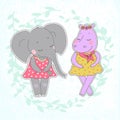 Hippo and elephant girls with closed eyes having a flower wreath on the head