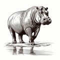 Vintage Hippopotamus Stamp: Old Pen And Ink Drawing Vector Illustration