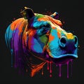 Hippo head with colorful paint splashes on black background.