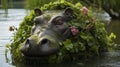 Hyperrealistic Green Hippo Head In Water Filled With Flowers