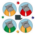 Hippo is office clerk, official representative. Yellow, red, green and white clothes of shirt and tie with fashion glasses, laptop Royalty Free Stock Photo