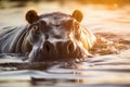 Hippo open muzzle in river water AI generated