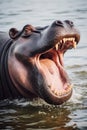 Hippo open muzzle in river water AI generated