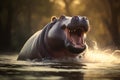 Hippo opens mouth in water in front of daytime view by Generative AI