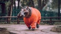 A hippo in an orange shirt is running. Generative AI image. Royalty Free Stock Photo