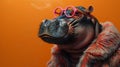 Hippo with pink glasses and fur coat - generative ai Royalty Free Stock Photo