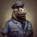 Hippo In Police Uniform: A Realistic Portrait Inspired By Raphael Lacoste