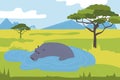 Hippo in the savannah. Hippo swimming in the lake. Wild animals of Africa