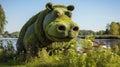 Hippo Sculpture In Dutch Landscape: Detailed Foliage And Cartoonish Characters