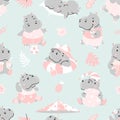 Hippo seamless pattern. Funny hippos resting and swimming. Adorable childish fabric print with cute animals. Nowaday