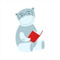 Hippo Smiling Bookworm Zoo Character Wearing Glasses And Reading A Book Cartoon Illustration Part Of Animals In Library