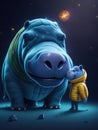 Hippo in space with little boy Royalty Free Stock Photo
