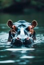 Hippo is swimming in body of water with its head above the surface facing forward. Generative AI Royalty Free Stock Photo