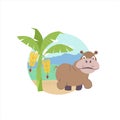 Hippo under a banana palm tree. Vector illustration. African flora and fauna. Isolated on white background.