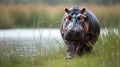 Hippo walking through the grass in the warm morning light Royalty Free Stock Photo