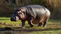 Hippo walking through in the warm morning light Royalty Free Stock Photo