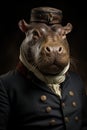 A hippo wearing a black and white top hat and a 1800s suit