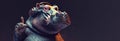 Hippo wearing headphones on a dark background space for text. Generated AI