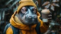 A hippo wearing a yellow jacket and holding up coffee, AI