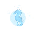 Hippocampus, Seahorse Flat Vector Illustration, Icon. Light Blue Monochrome Design. Editable Stroke