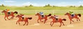 Hippodrome competitions. Cartoon horse racing panorama, equestrian competition rider derby racetrack fence arena