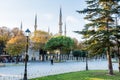 Hippodrome of Constantinople also named Sultan Ahmet Square with background of Blue Mosque in the morning in autumn in Istanbul,