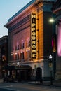 The Hippodrome Theater neon sign at night, in Baltimore, Maryland