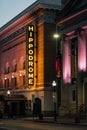 The Hippodrome Theater neon sign at night, in Baltimore, Maryland