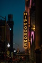 The Hippodrome Theater neon sign at night, in Baltimore, Maryland