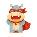 Hippopotamus Animal Superhero Dressed in Mask and Red Cape or Cloak Vector Illustration