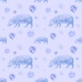 Hippopotamus In Blue Monotone For Kids Room Seamless Repeat Pattern