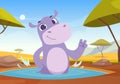 Hippopotamus. Cartoon african animal standing. Vector outdoor background
