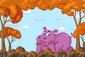 Hippopotamus cartoon character in blank autumn forest scene