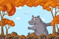 Hippopotamus cartoon character in blank autumn forest scene