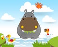 Hippopotamus cartoon with little friends in the swamp