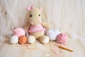 Hippopotamus crochet Vintage background Toy for kids Hippo knitting Handmade Hippie soft toy Cute woolen Hippie baby for children